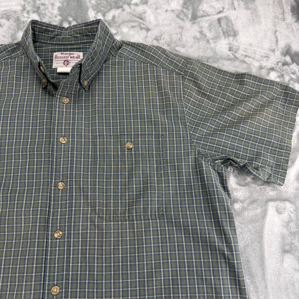 Wrangler Rugged Wear Mens XL Green Blue Plaid Short Sleeve Button Down Shirt - Picture 13 of 14